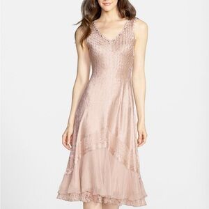 Komarov Dress Beaded Charmeuse Chiffon Tiered Lace Trim V Neck Size P/L Cocktail